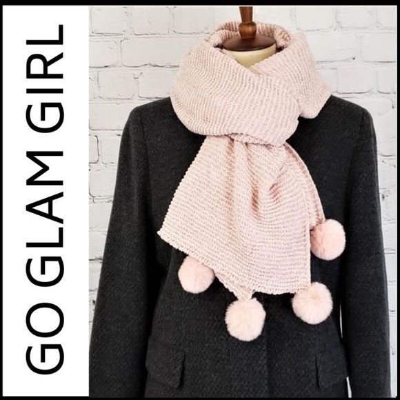 Glam Girl Fashion Accessories - NWT CHENILLE FAUX POM-POM XLONG PALE PINK SCARF